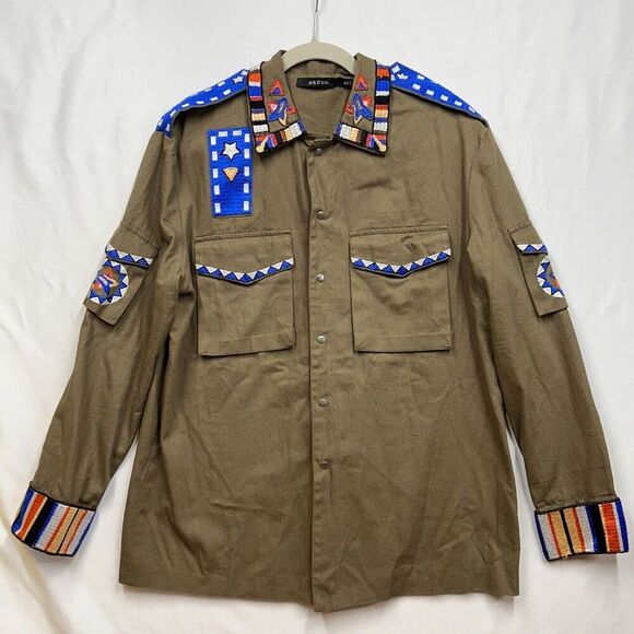 Ark & Co M Military Style Jacket Beaded‎ and Patches Pockets Snap Unique READ - Picture 1 of 15